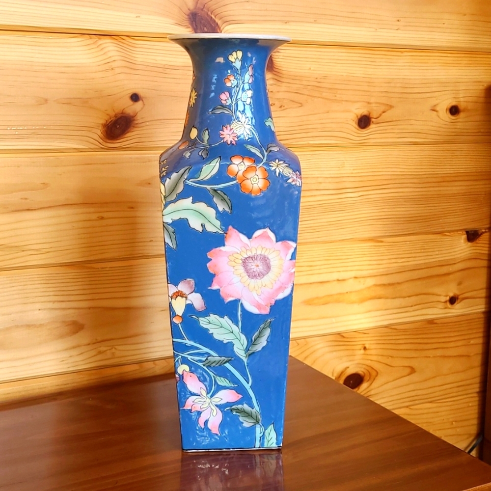 Large Vintage Oriental Bottle Vase Orange Blossoms Pink Lotus Asian Decor Macau